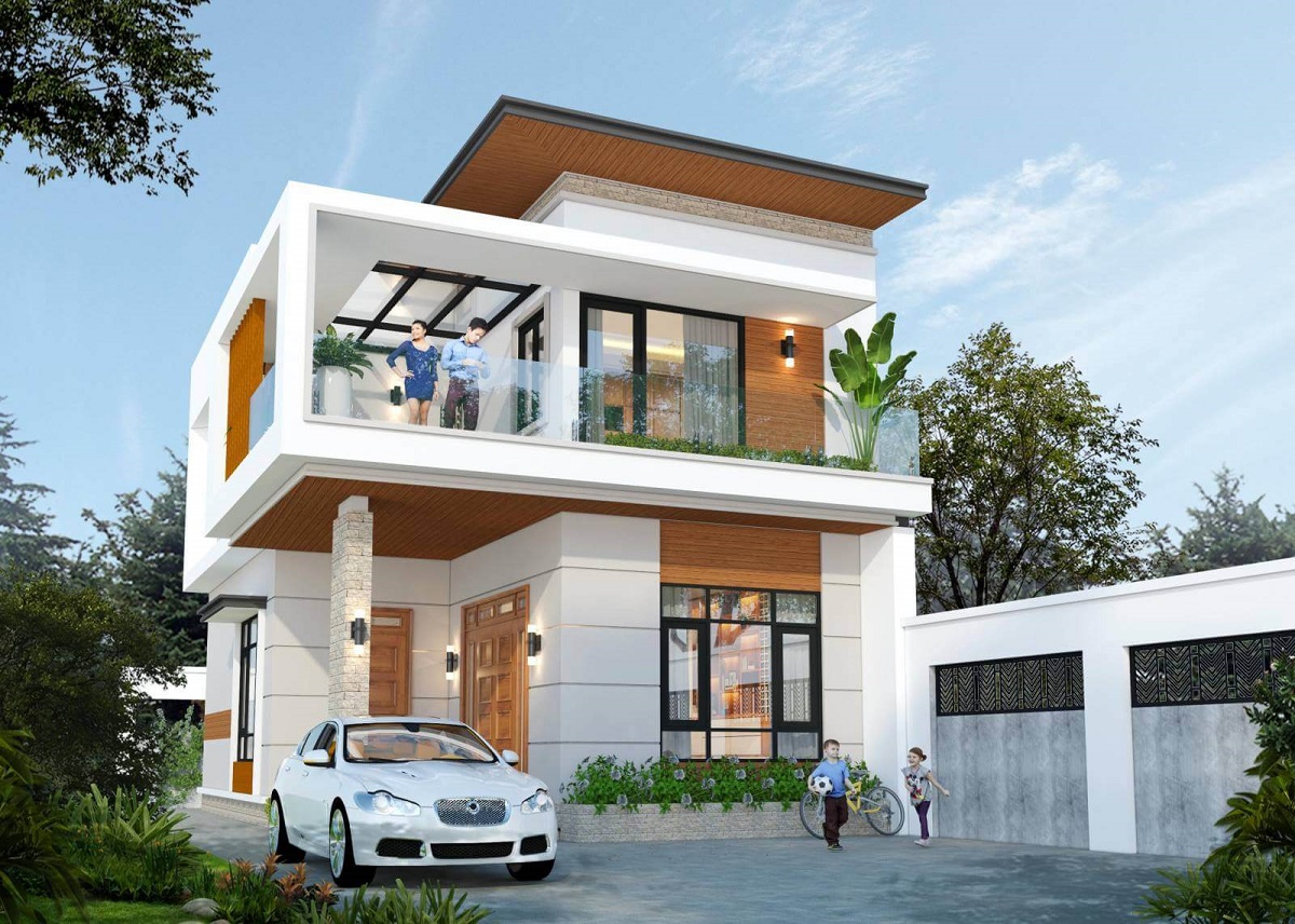 Mẫu nhà 2 tầng 8x10m mái bằng sử dụng tông màu trang nhã kết hợp với môi trường xanh thoáng mát, ấn tượng