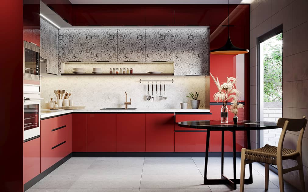 Nội thất phòng bếp với tone đỏ giúp kích thích vị giác, đem lại cảm giác ngon miệng hơn