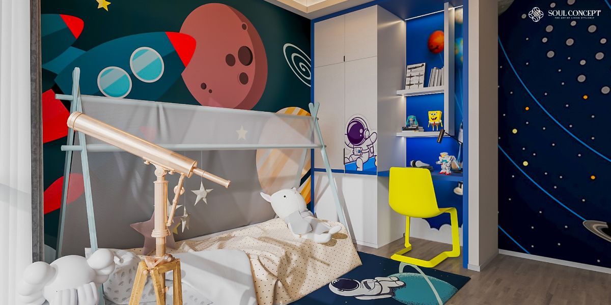 Lắp đặt giường ngủ cho bé kết hợp giá sách với không gian vũ trụ 