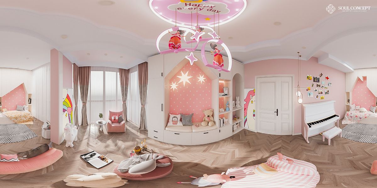 Phòng ngủ cho bé gái với màu hồng nữ tính nổi bật