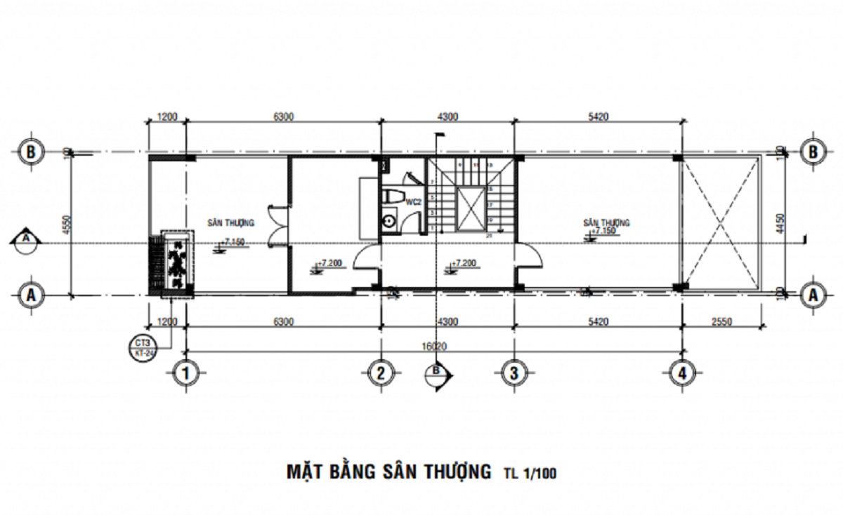 Bản vẽ chi tiết thiết kế mẫu nhà ống 3 tầng 4x16m mặt bằng sân thượng