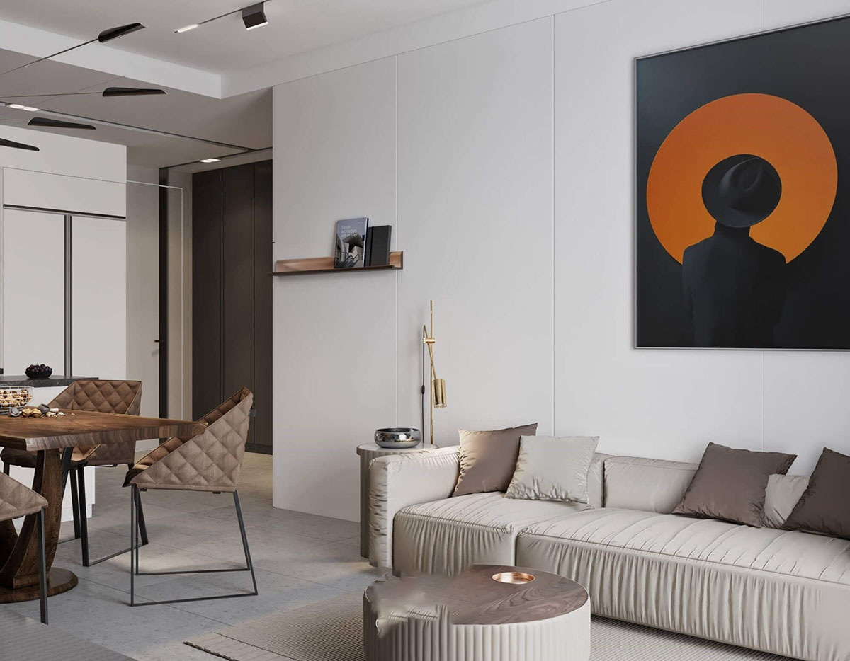 Bộ sofa lớn với gam màu be tạo điểm nhấn trong thiết kế nội thất căn hộ này.