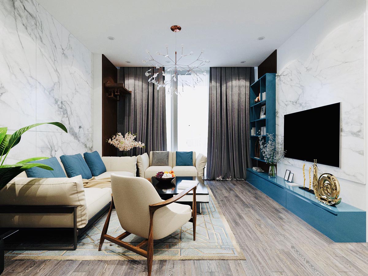Không gian phòng khách ấm cúng với sàn gỗ cao cấp, tinh tế, kết hợp với đá Quartz trắng vân mây nhẹ nhàng, sang trọng