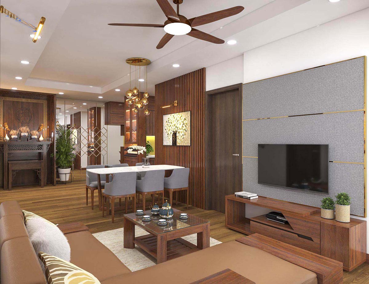 Không gian phòng khách + bếp đầy sang trọng với tông màu nâu trầm ấm và chất liệu gỗ cao cấp