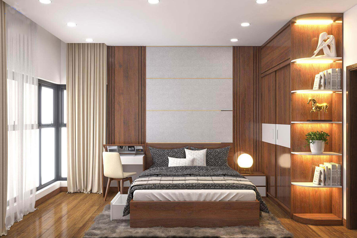 Phòng ngủ master tiện nghi với hệ thống cửa sổ lớn đón ánh sáng tự nhiên 
