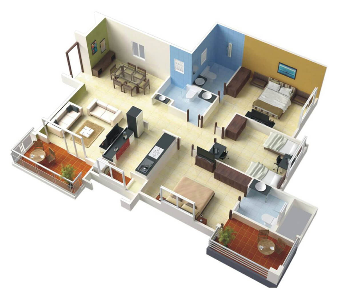 Bản thiết kế 3D cho chung cư 3 phòng ngủ có diện tích hạn chế