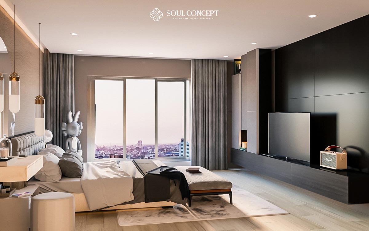 Phòng ngủ với thiết kế hệ thống cửa sổ lớn tận dụng tối đa ánh sáng tự nhiên