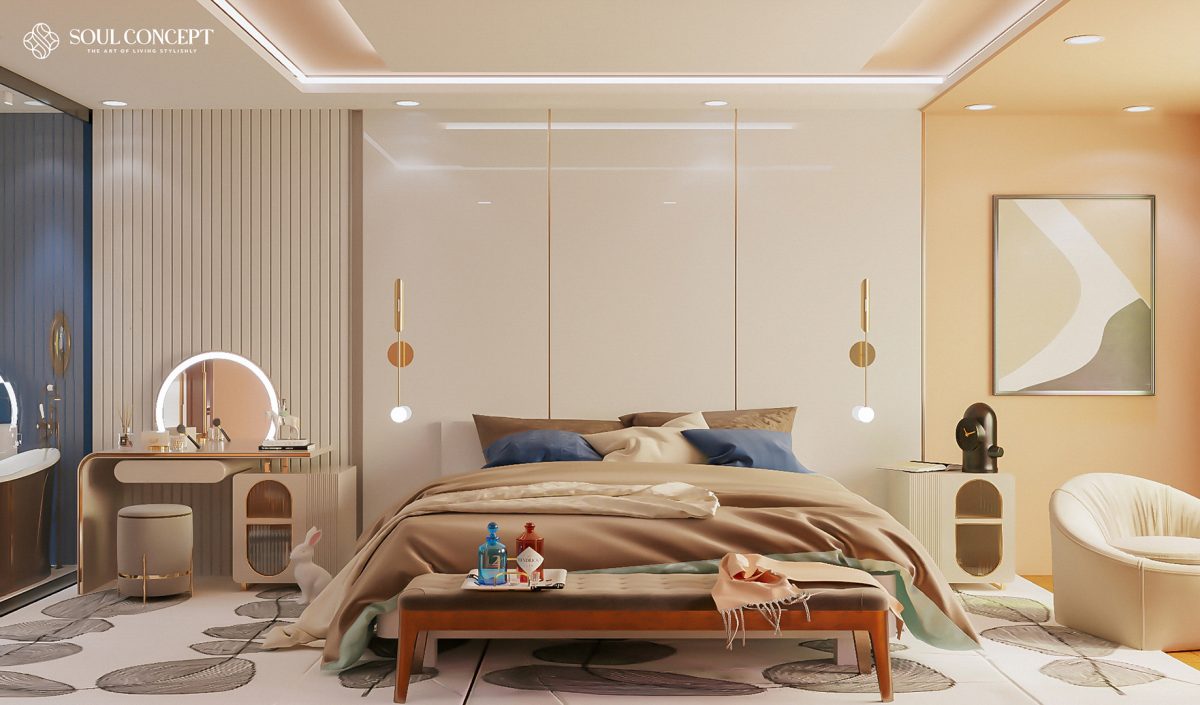 Phòng ngủ 30m2 được thiết kế theo phong cách Color Block