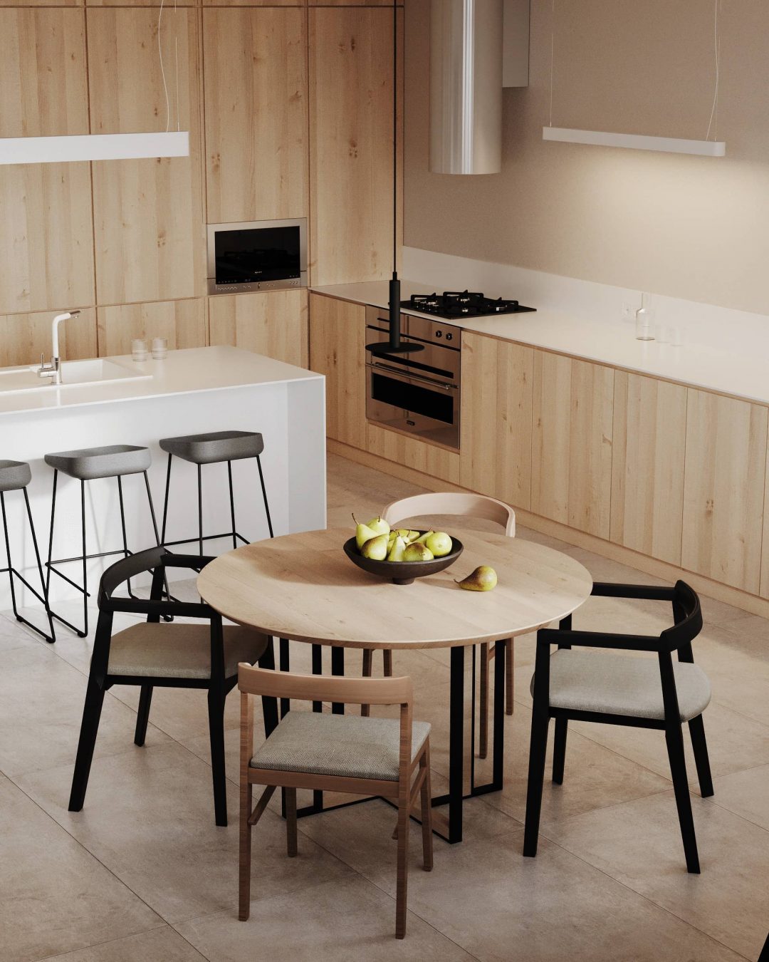 Thiết kế nội thất nhà bếp mang nét yên bình với chất liệu chính là gỗ màu trắng be