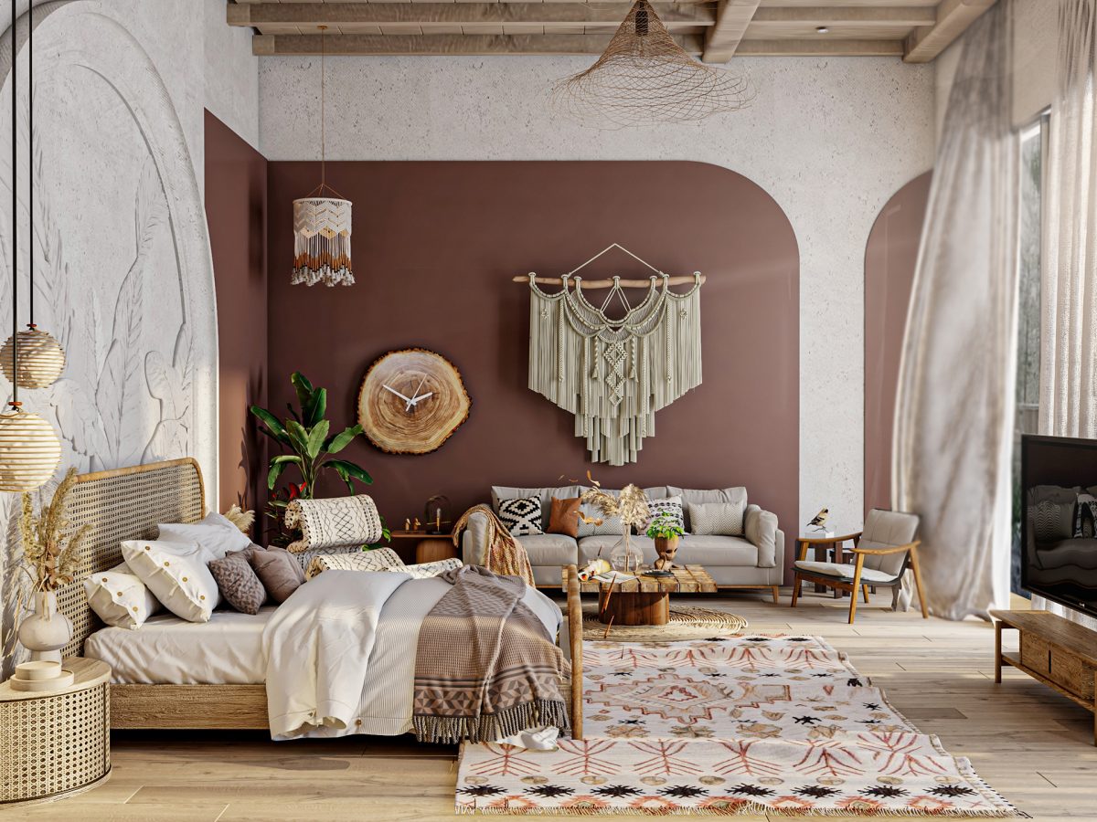 Căn phòng ngủ thiết kế theo phong cách vintage kết hợp với việc trang trí cây xanh mang đến cảm giác thoải mái, thoáng mát.