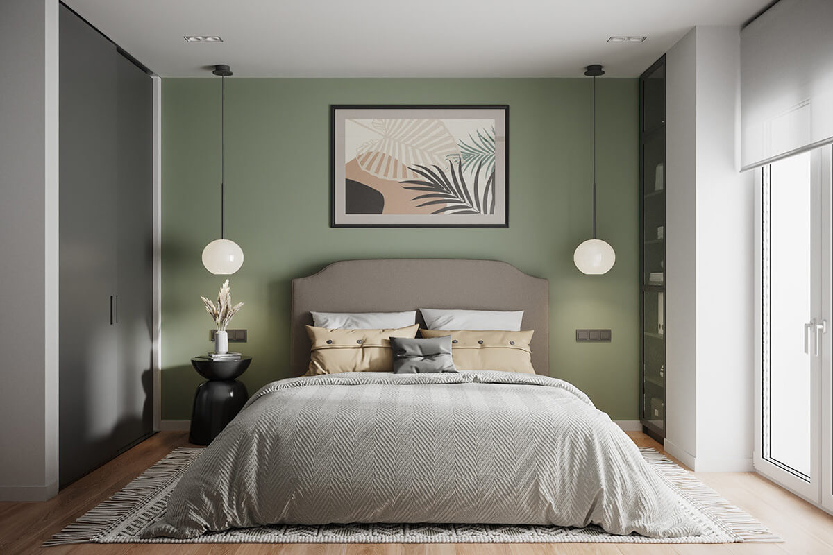 Thiết kế phòng ngủ 30m2 với gam màu xanh và nội thất tông màu trung tính khiến không gian hài hòa, ấm cúng