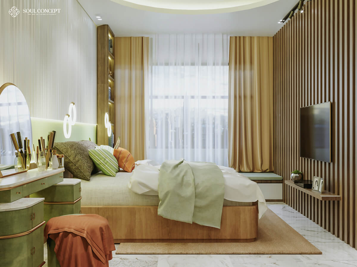 Phòng ngủ thiết kế theo phong cách hiện đại kết hợp sử dụng các đồ nội thất bằng gỗ