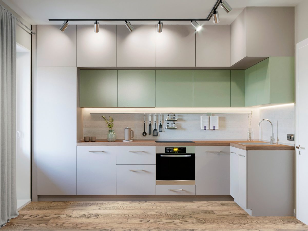 Kiểu tủ bếp chữ L hiện đại tone màu trắng - xanh nhã nhặn, giúp không gian nhà bếp nhỏ trở nên thoáng đãng hơn