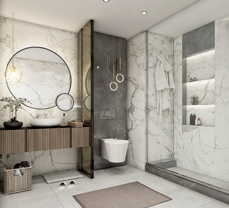 Nhà tắm sử dụng tone màu hài hòa, tạo không gian thoải mái cho phòng tắm