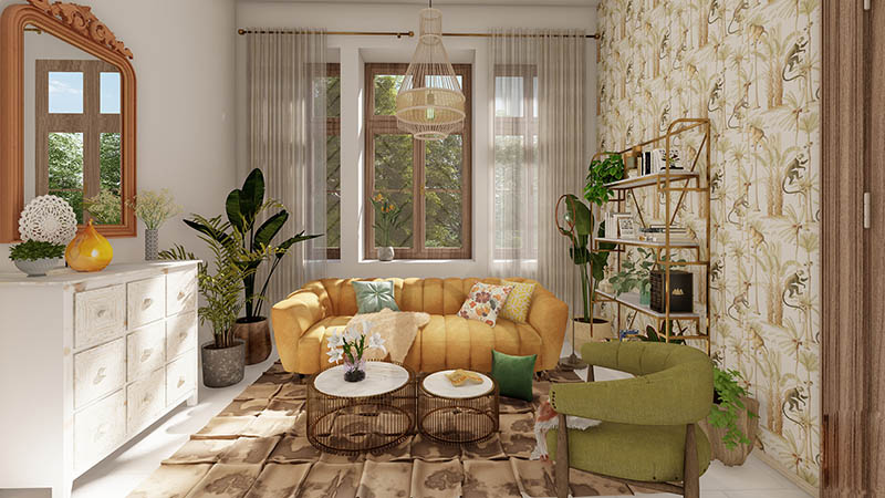 Nếu bạn là người yêu thích một thiết kế có nhiều điểm nhấn về màu sắc thì mẫu phòng khách này sẽ là gợi ý cho bạn