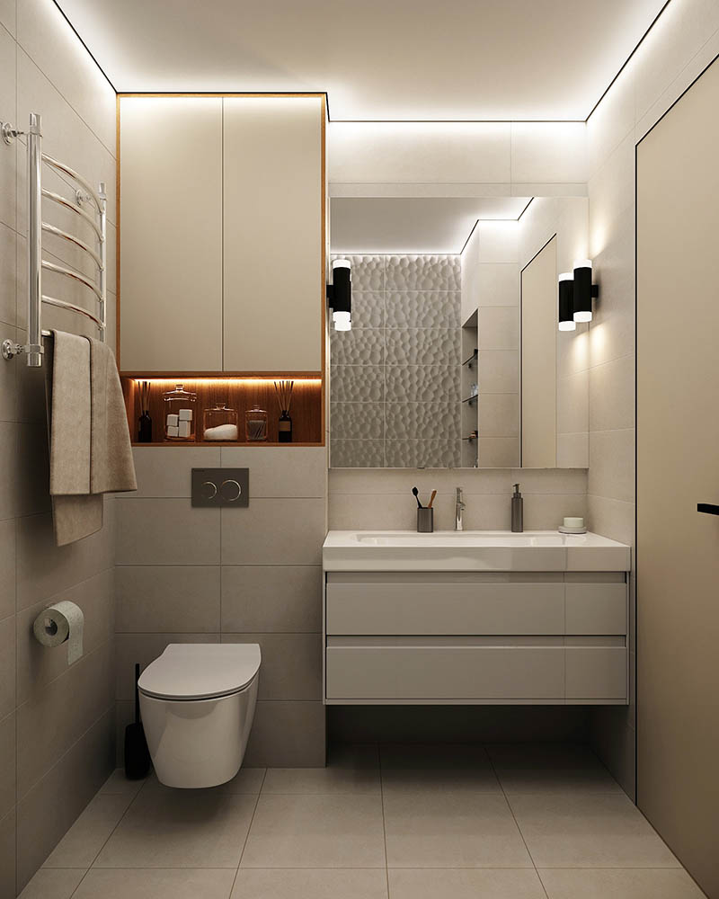 Nhà vệ sinh nhỏ đẹp, sang trọng với bồn cầu thông minh và nội thất phòng tắm gọn gàng