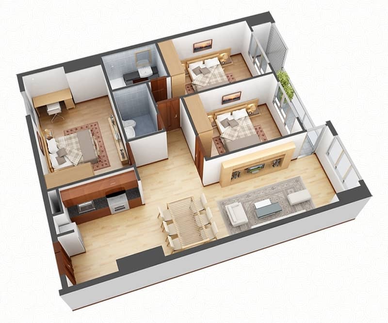 Mẫu thiết kế nội thất chung cư 3 phòng ngủ đơn giản, đầy đủ tiện nghi