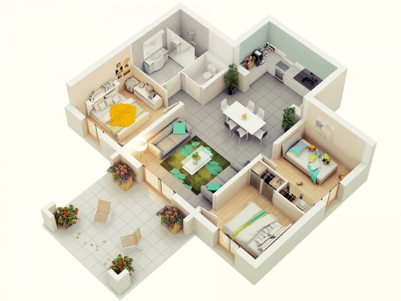 Đối với những căn hộ chung cư có ban công rộng thì có thể tham khảo mẫu thiết kế nội thất chung cư 3 phòng ngủ hiện đại này
