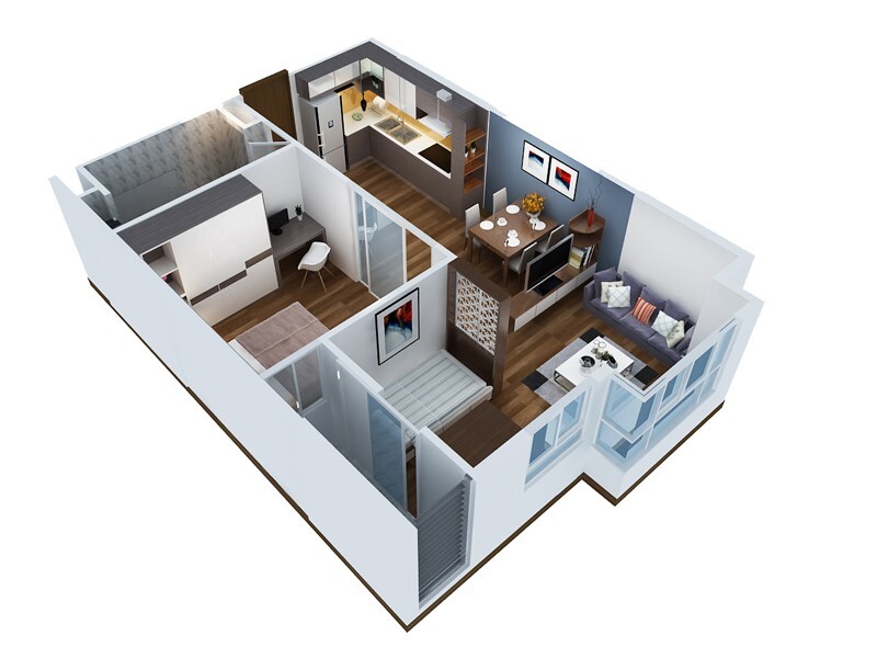 Với diện tích chung cư nhỏ thì thiết kế 2 phòng ngủ, 1 khách bếp thông nhau như thế này là hợp lý và đẹp mắt.
