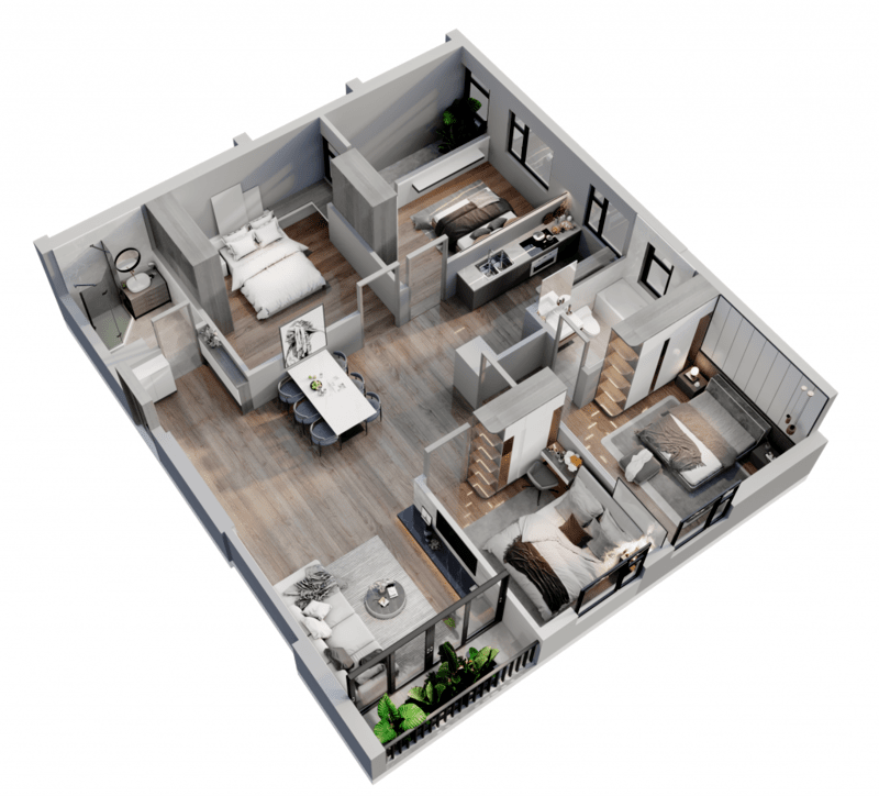 Thiết kế nội thất chung cư phong cách hiện đại sang trọng với 4 phòng ngủ lớn đầy đủ tiện nghi, phòng khách bếp ăn thông nhau giúp tối ưu diện tích sử dụng