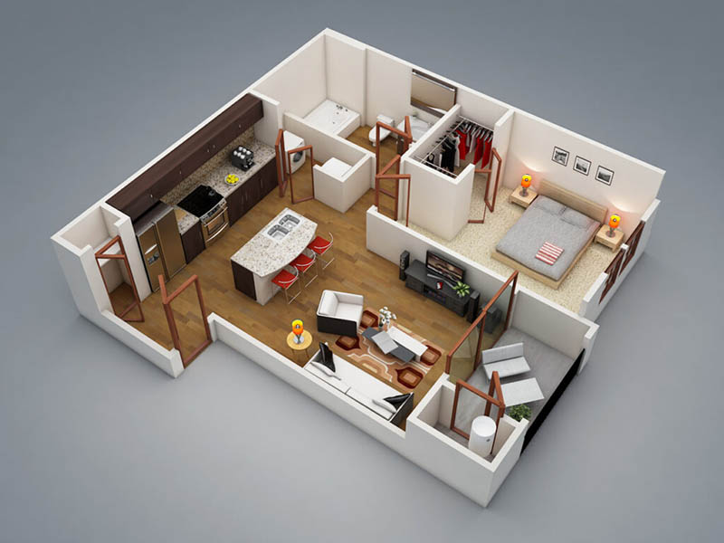 Mẫu thiết kế nội thất chung cư 1 phòng ngủ tiện nghi, hiện đại