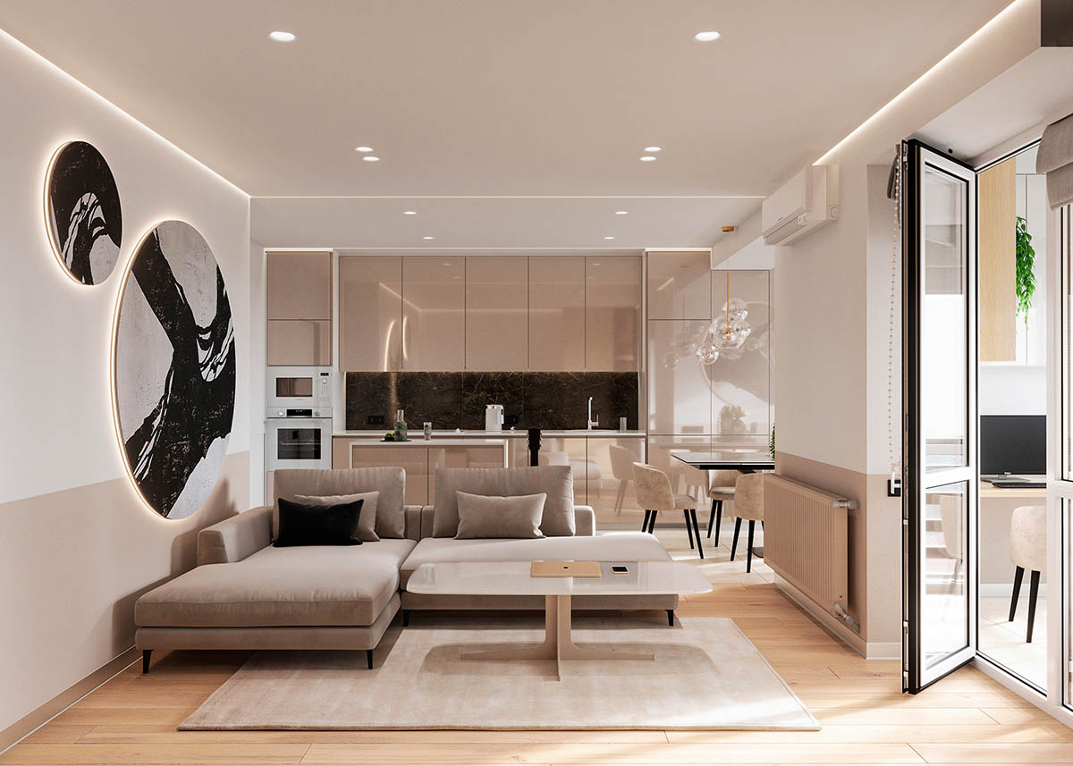 Mẫu thiết kế phòng khách đơn giản với các món nội thất cơ bản gồm ghế sofa và bàn trà