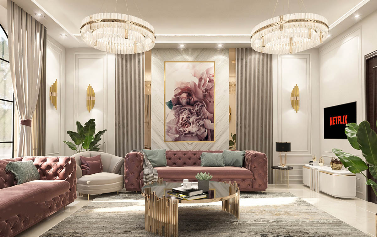 Phòng khách được thiết kế sang trọng với bộ ghế sofa được bọc nệm cao cấp, khung gỗ màu trắng với đường nét mềm mại tạo sự tinh tế và thẩm mỹ cao