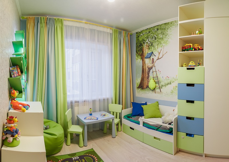Thiết kế nội thất phòng ngủ cho bé sử dụng gam màu xanh
