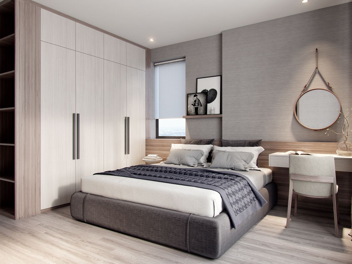 Nội thất phòng ngủ master sử dụng tủ âm tường nhằm tối ưu diện tích sử dụng