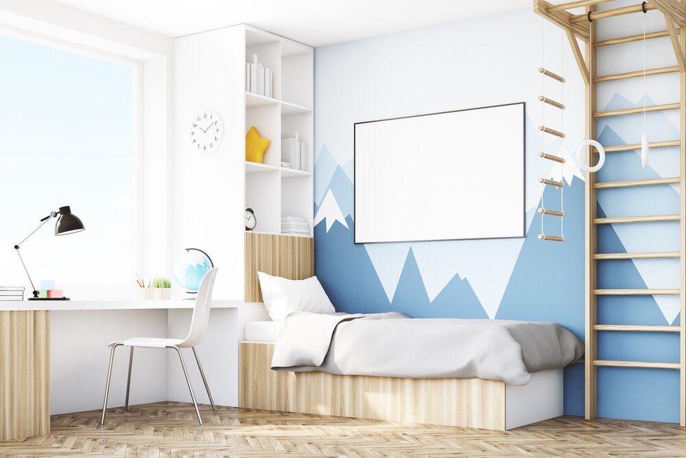 Phòng ngủ cho bé sử giường hộp kệ tủ sử dụng gam màu trắng xanh