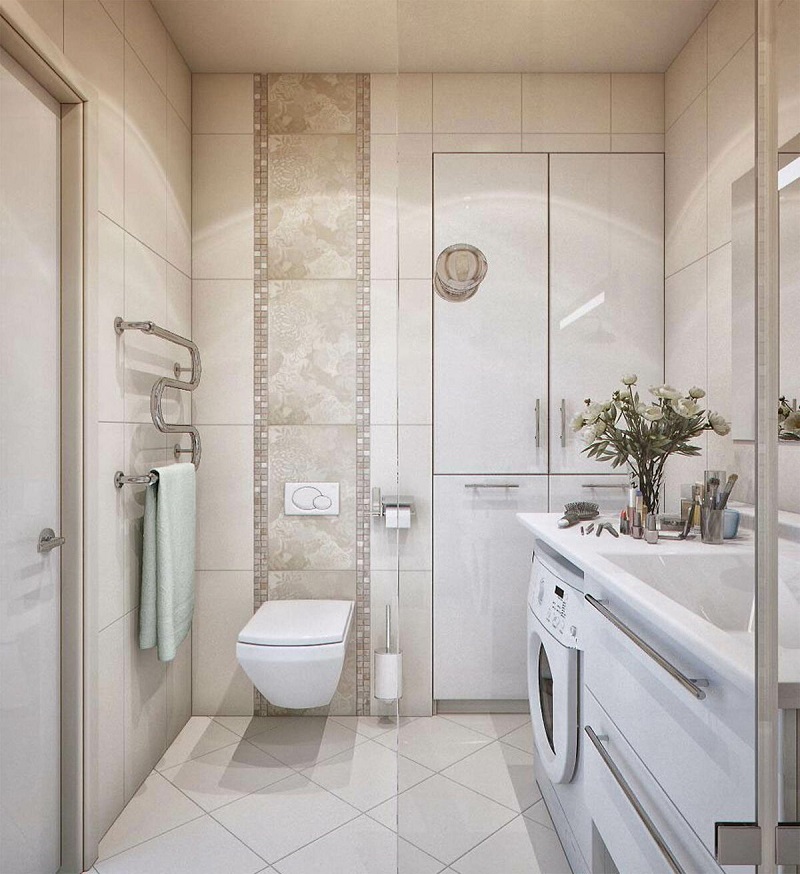 Trang trí phòng tắm bằng gạch ốp lát cổ điển, với nội thất bồn cầu treo tường