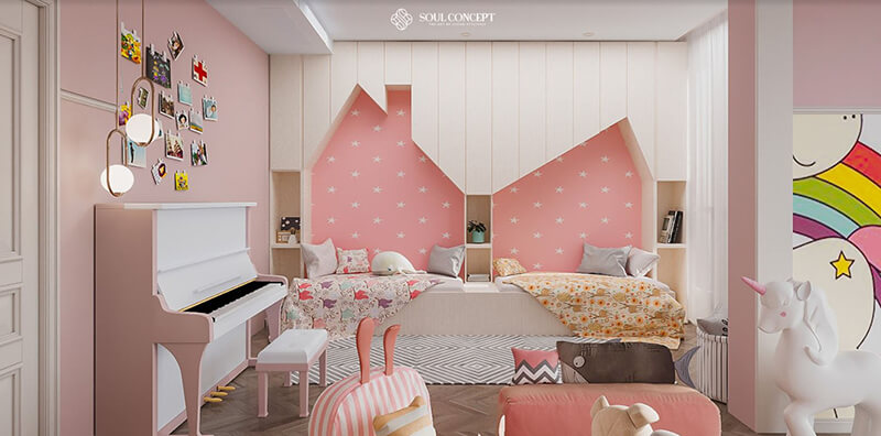 Thiết kế phòng ngủ cho bé gái với gam màu hồng chủ đạo