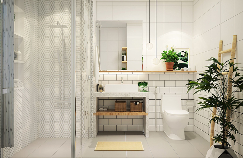 Nhà vệ sinh phân chia giữa khu vực vệ sinh và phòng tắm bằng vách kính cường lực chắc chắn
