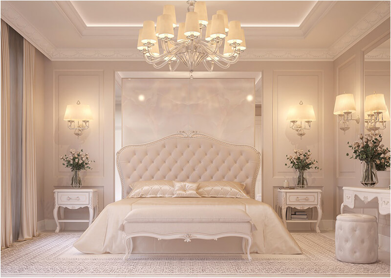 Việc kết hợp gam màu trắng và be giúp không gian phòng ngủ nhẹ nhàng, tinh tế hơn
