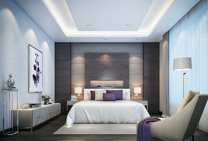Nội thất phòng ngủ master cho căn hộ chung cư theo phong cách đương đại sử dụng gam màu xám kết hợp tím, giường ngủ đặt chính giữa căn phòng
