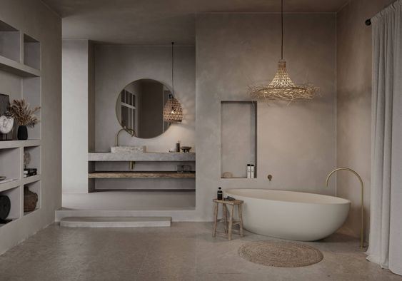 Phòng tắm thiết kế với màu sắc bê tông thô