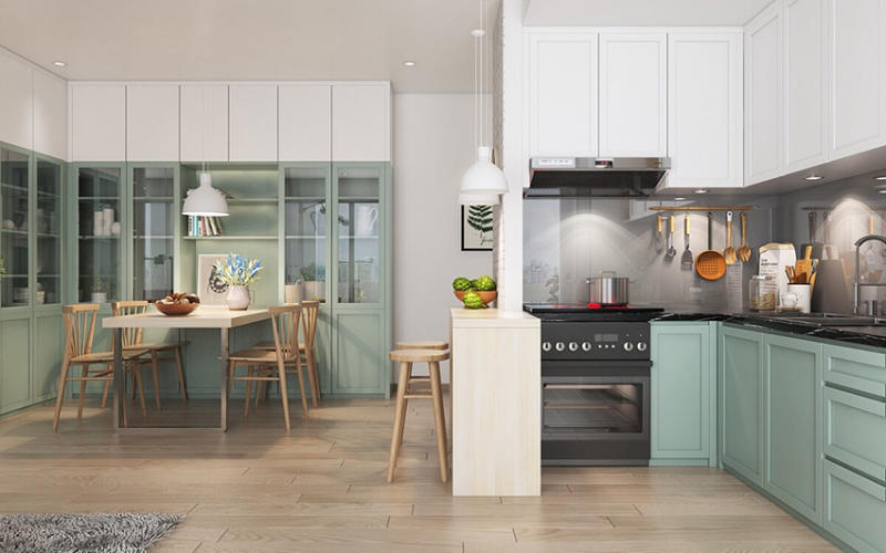 Phòng bếp nối liền với phòng khách là cách thiết kế đặc trưng trong thiết kế nội thất chung cư