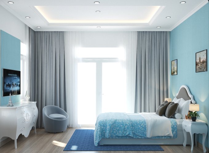 Nội thất phòng ngủ cho trẻ được thiết kế đơn giản với tông màu xanh chủ đạo