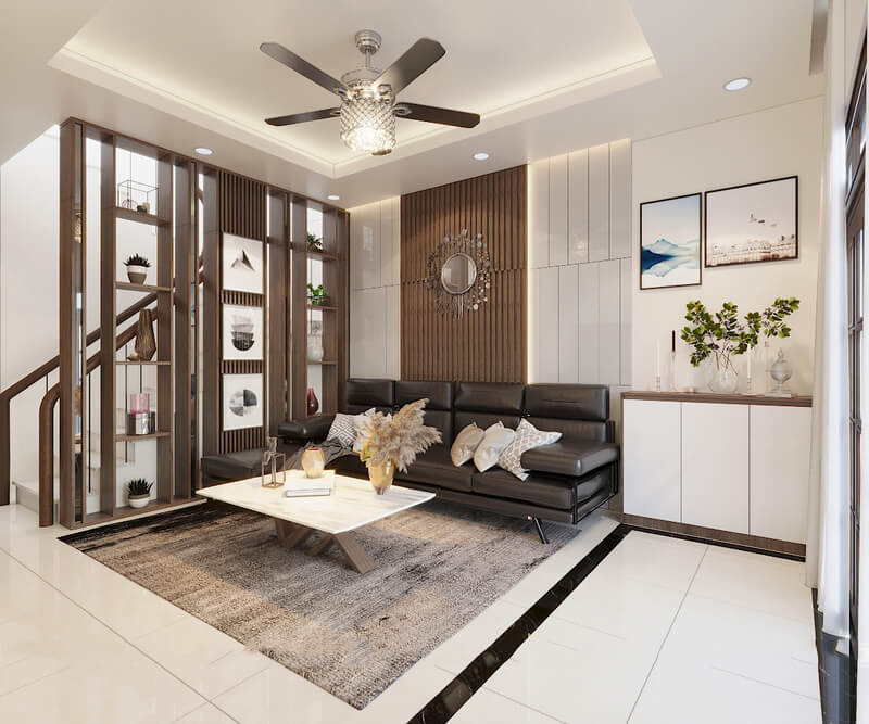 Mẫu thiết kế nội thất phòng khách theo phong cách hiện đại, sang trọng phù hợp với nhà lô phố