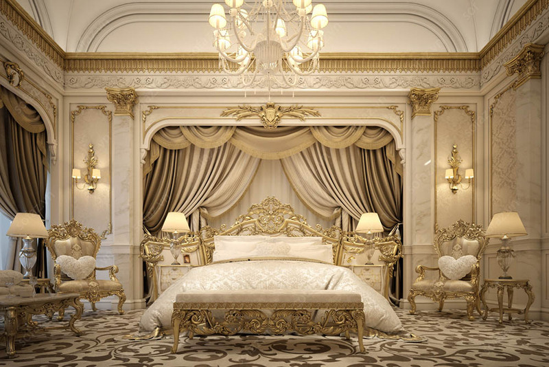 Giường ngủ có các đường nét hoa văn chạm trổ tinh xảo, cầu kỳ chính là điểm nhấn cho thiết kế nội thất phòng ngủ nhà lô phố cổ điển
