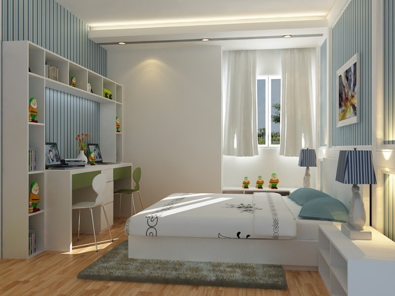 Thiết kế phòng ngủ 8m2 đẹp với nội thất tone xanh – trắng nhã nhặn