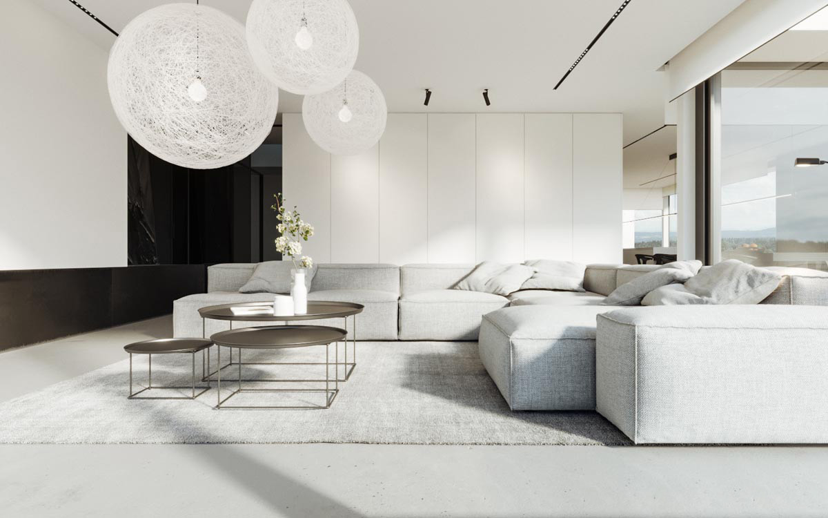 Mẫu thiết kế phòng khách Minimalist phối hợp nhuần nhuyễn các đường nét hình học của những món đồ nội thất