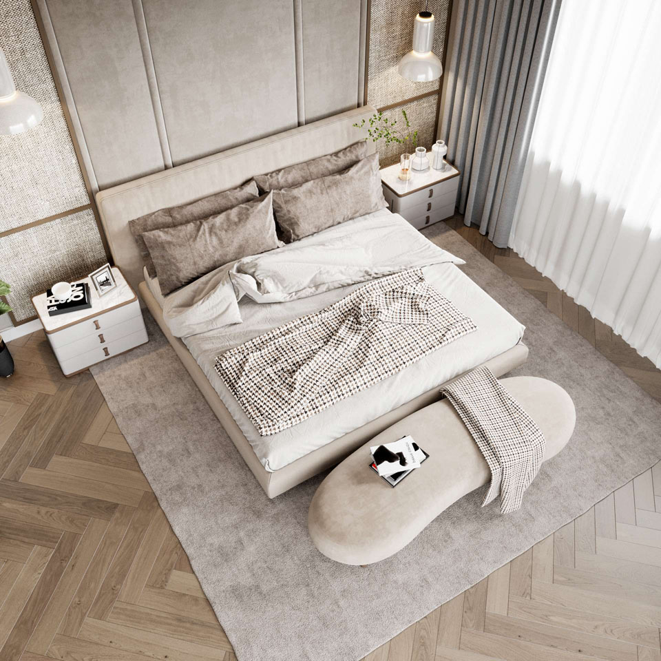 Phòng ngủ ấm cúng và sang trọng với tông màu be nâu