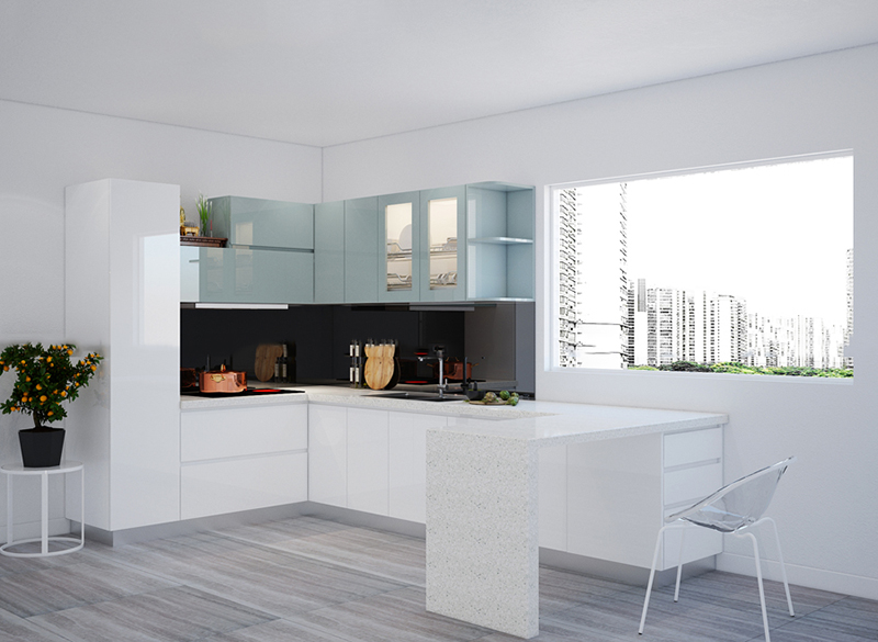 Phòng bếp có thiết kế cửa sổ lớn giúp đón ánh sáng, thoáng khí, thoát mùi tốt