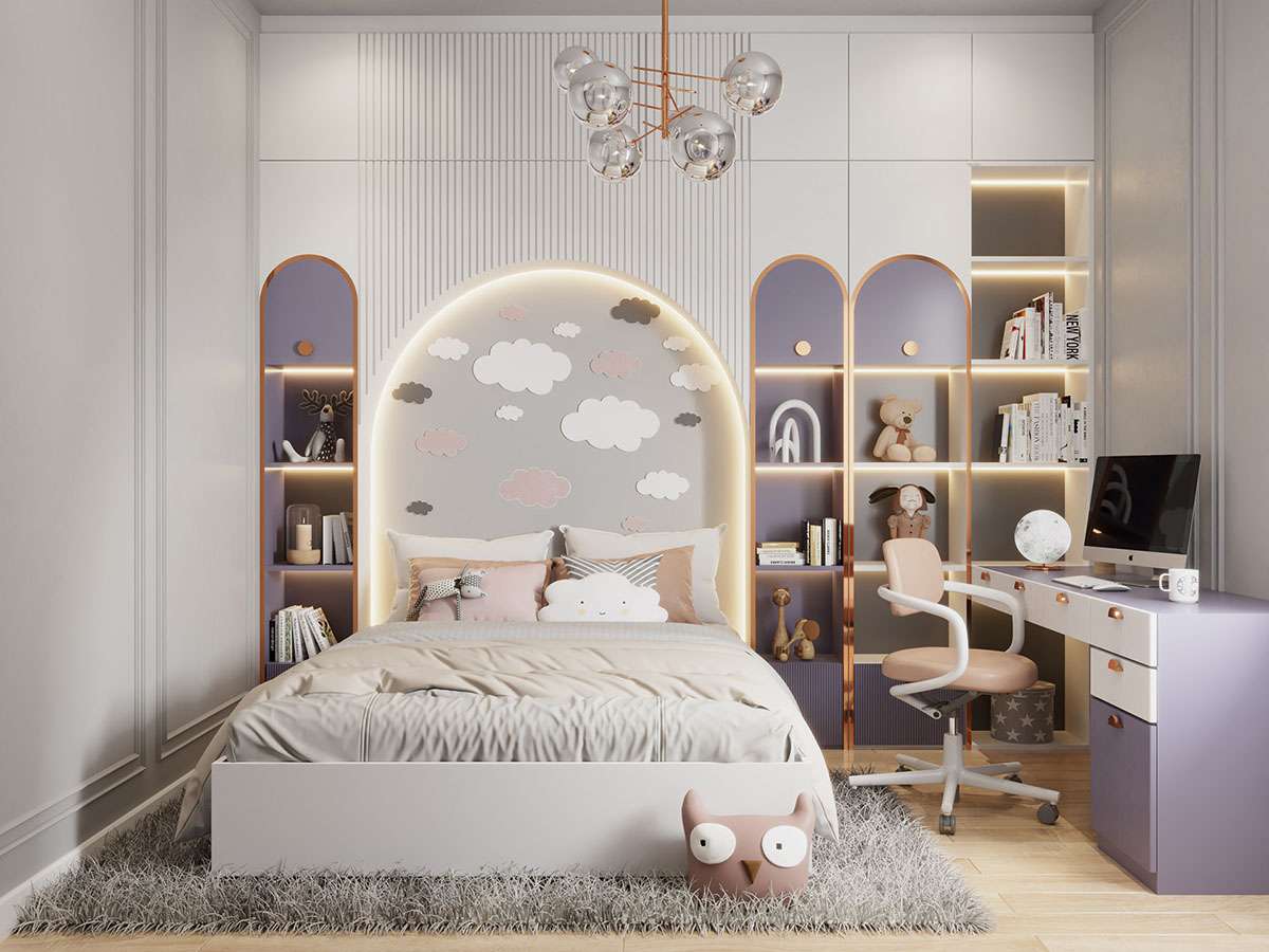 Phòng ngủ dễ thương, với nhiều nơi để đồ cho các bạn nhỏ