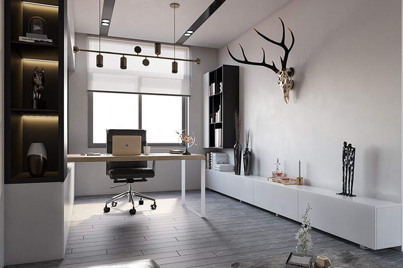 Phòng làm việc sử dụng những gam màu trầm nhẹ nhàng, nội thất không quá cầu kỳ tạo sự tập trung cao độ khi làm việc
