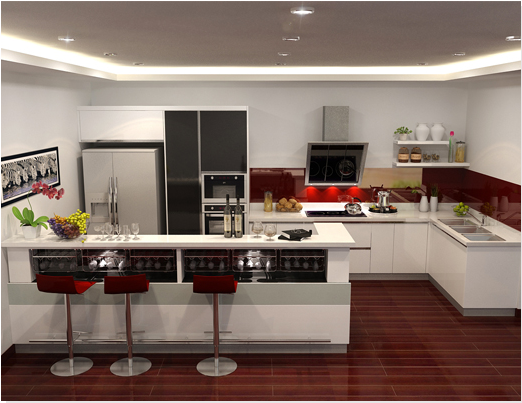 Thiết kế nhà bếp với phần quầy bar nối liền với tủ bếp tạo sự liền mạch trong cách bố trí