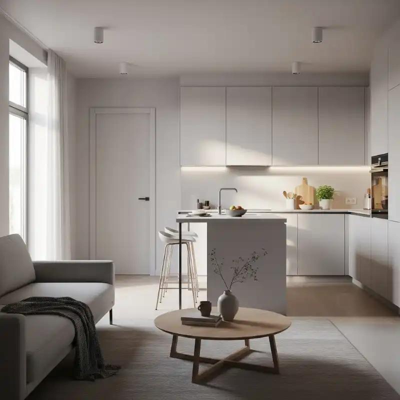 Nội thất phòng khách liền bếp tối giản 4
