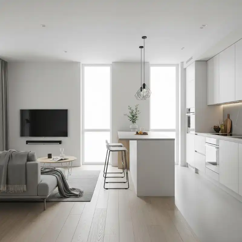 Nội thất phòng khách liền bếp tối giản 5