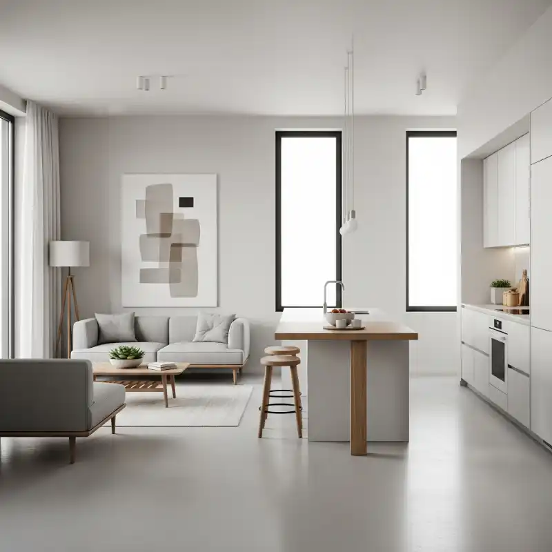 Nội thất phòng khách liền bếp tối giản 7